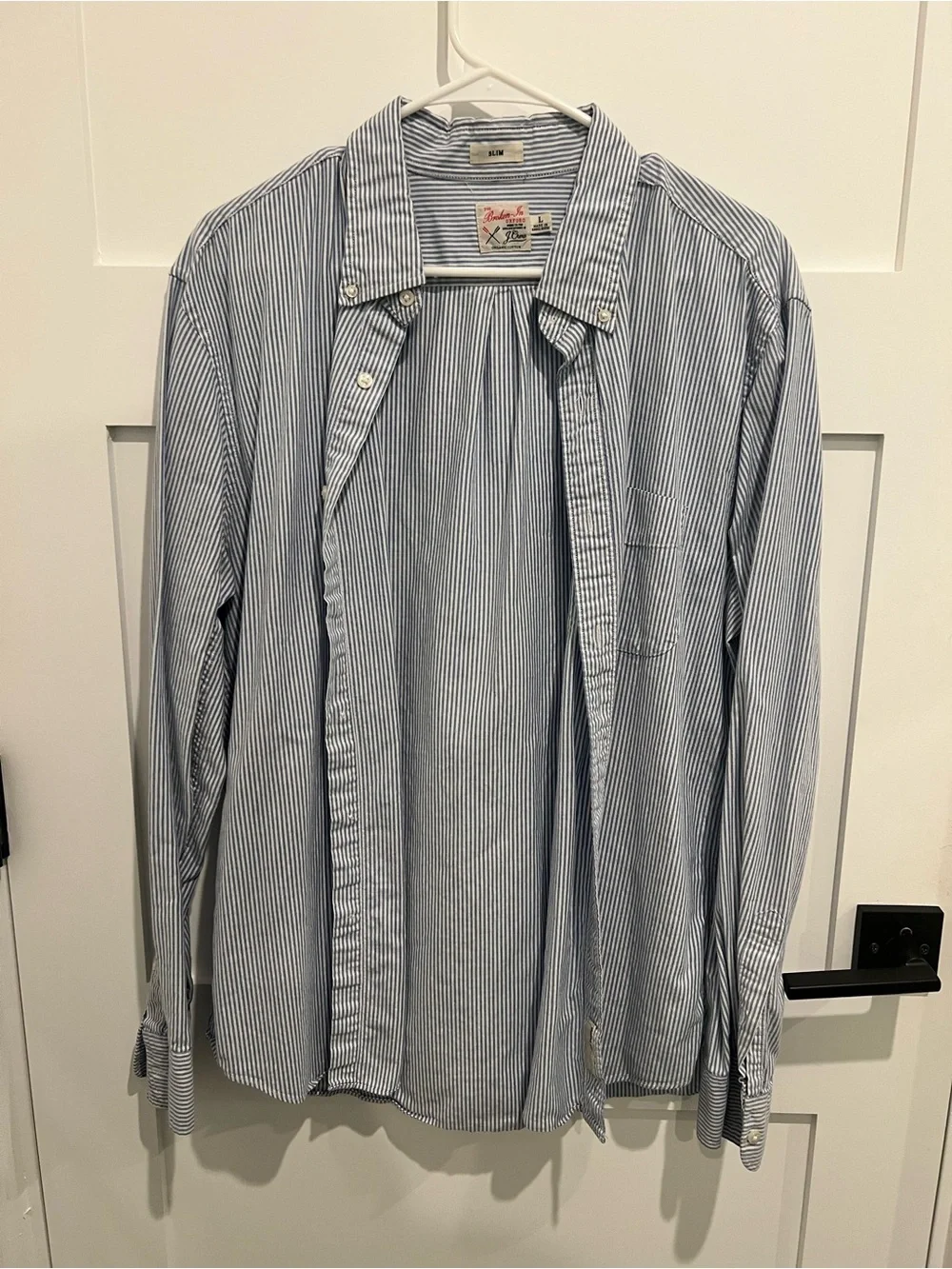 J. Crew Men's Blue and White Striped Button-Down Shirt